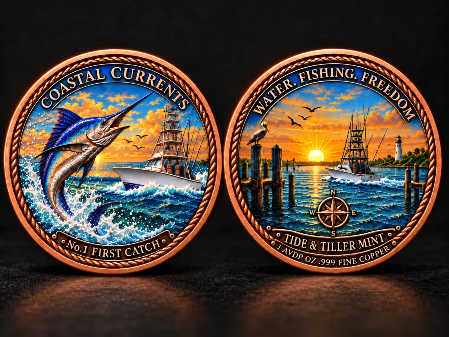 First Catch colorized marlin round showing both sides